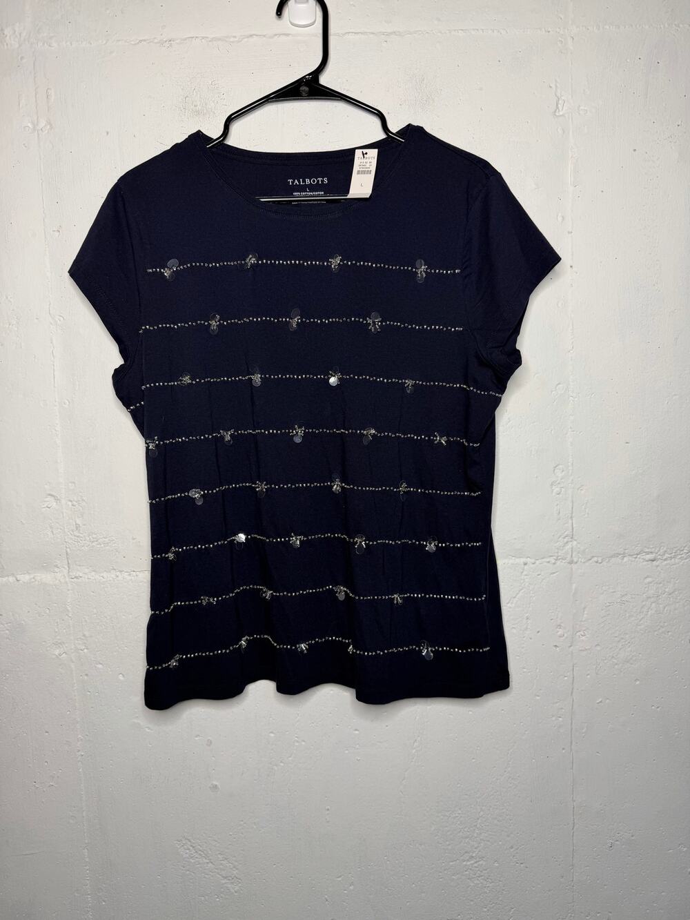 NEW Talbots Womens Navy Blue Sequin Beaded Top Size Large 100% Cotton